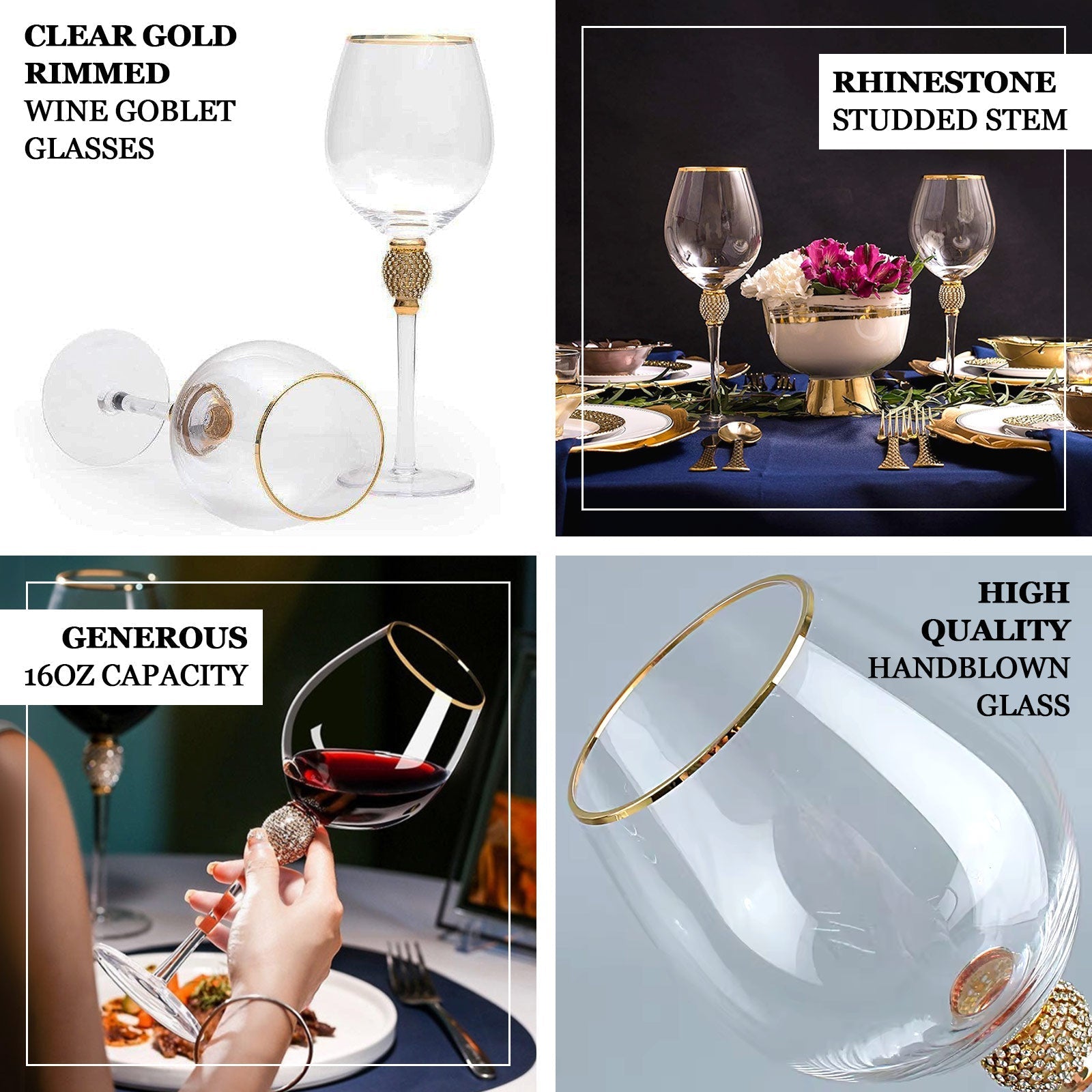 Set of 6 Wine Goblet Glasses Clear Gold Rimmed Design with Rhinestone Studded Stem - Handblown Vintage Crystal Glasses for Cocktails 16oz 10" - Bell Racket Store