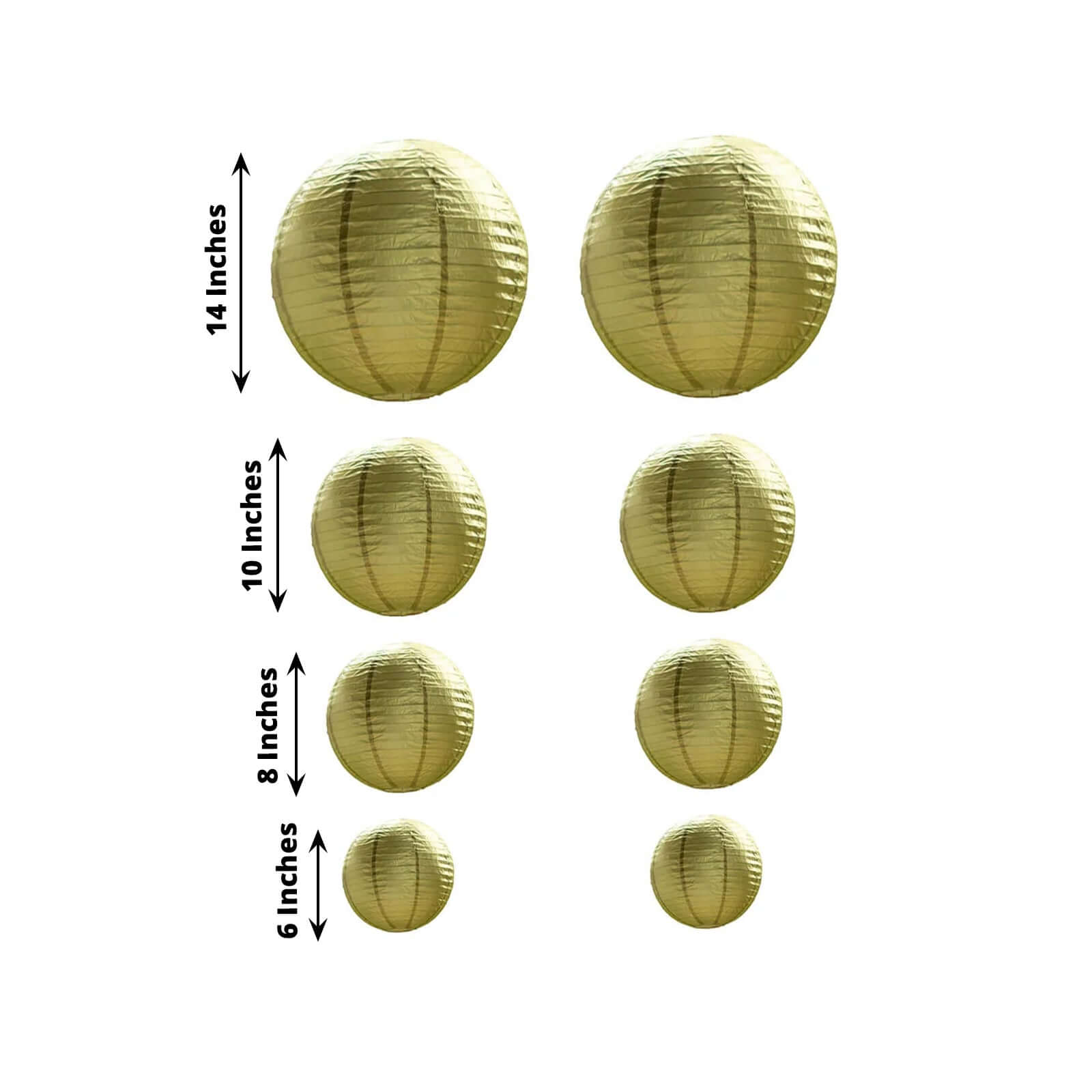 Set of 8 Gold Hanging Paper Lanterns, Decorative Round Chinese Sky Lanterns, Assorted Sizes - 6",8",10",14" - Bell Racket Store