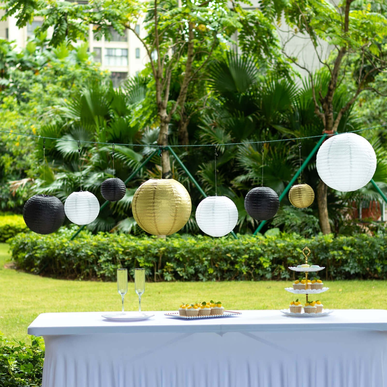 Set of 8 Mixed Black Gold Hanging Paper Lanterns, Decorative Round Chinese Sky Lanterns, Assorted Sizes - 6",8",10",14" - Bell Racket Store