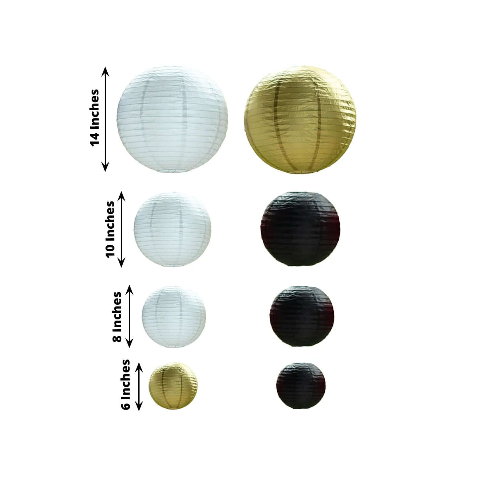 Set of 8 Mixed Black Gold Hanging Paper Lanterns, Decorative Round Chinese Sky Lanterns, Assorted Sizes - 6",8",10",14" - Bell Racket Store