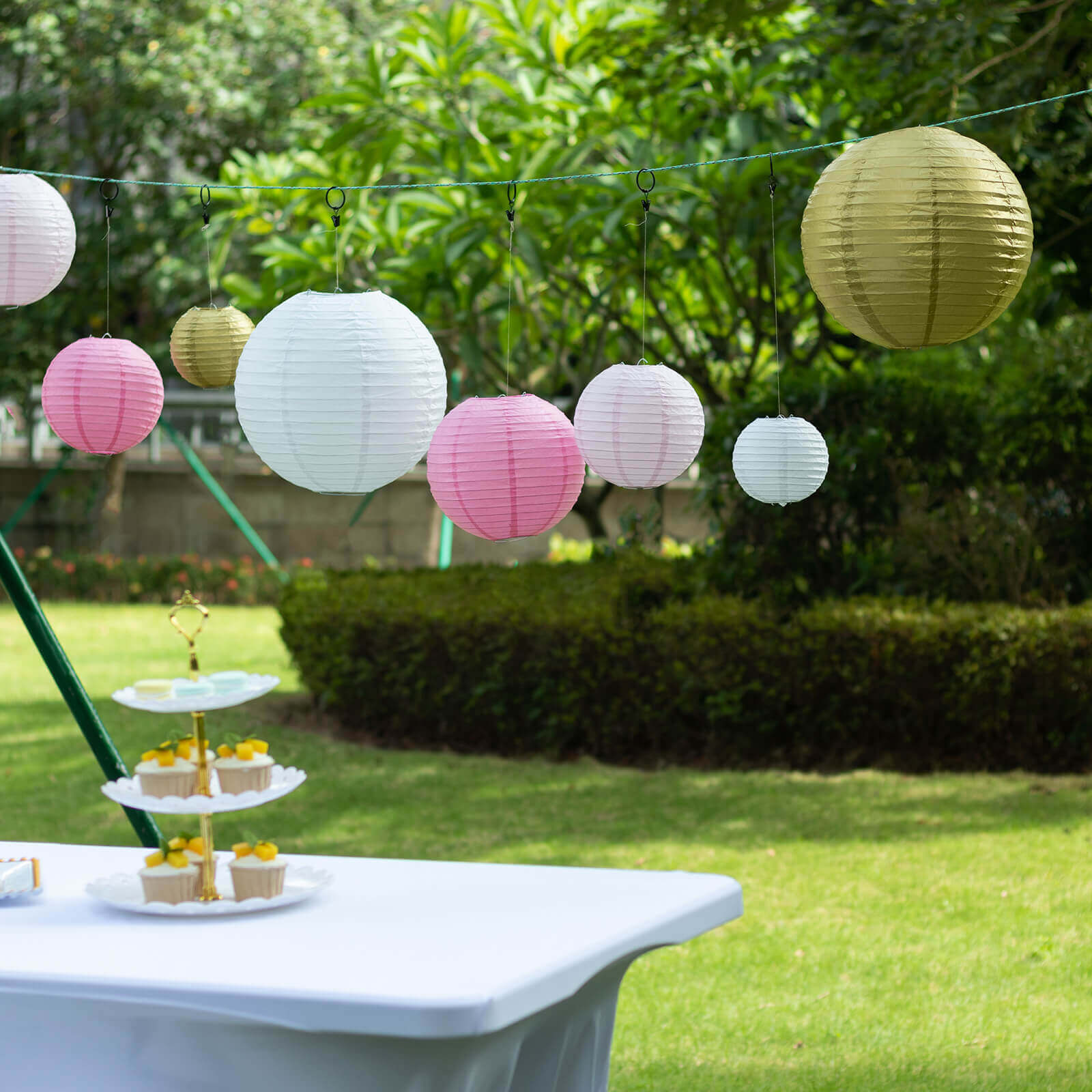 Set of 8 Mixed Blush Gold Hanging Paper Lanterns, Decorative Round Chinese Sky Lanterns, Assorted Sizes - 6",8",10",14" - Bell Racket Store