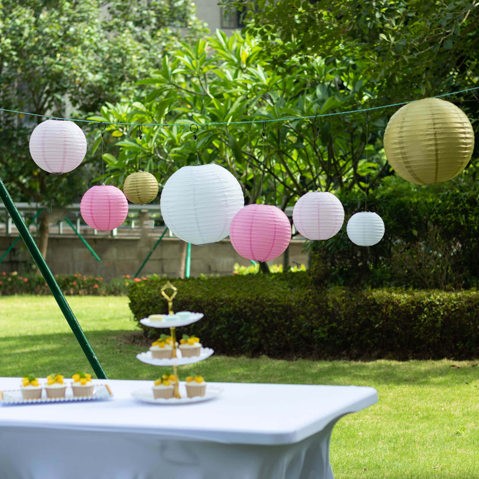 Set of 8 Mixed Blush Gold Hanging Paper Lanterns, Decorative Round Chinese Sky Lanterns, Assorted Sizes - 6",8",10",14" - Bell Racket Store