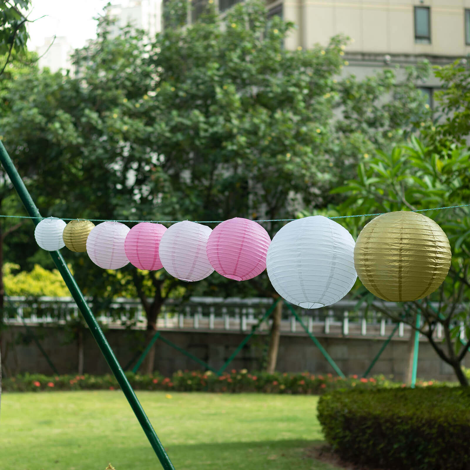 Set of 8 Mixed Blush Gold Hanging Paper Lanterns, Decorative Round Chinese Sky Lanterns, Assorted Sizes - 6",8",10",14" - Bell Racket Store