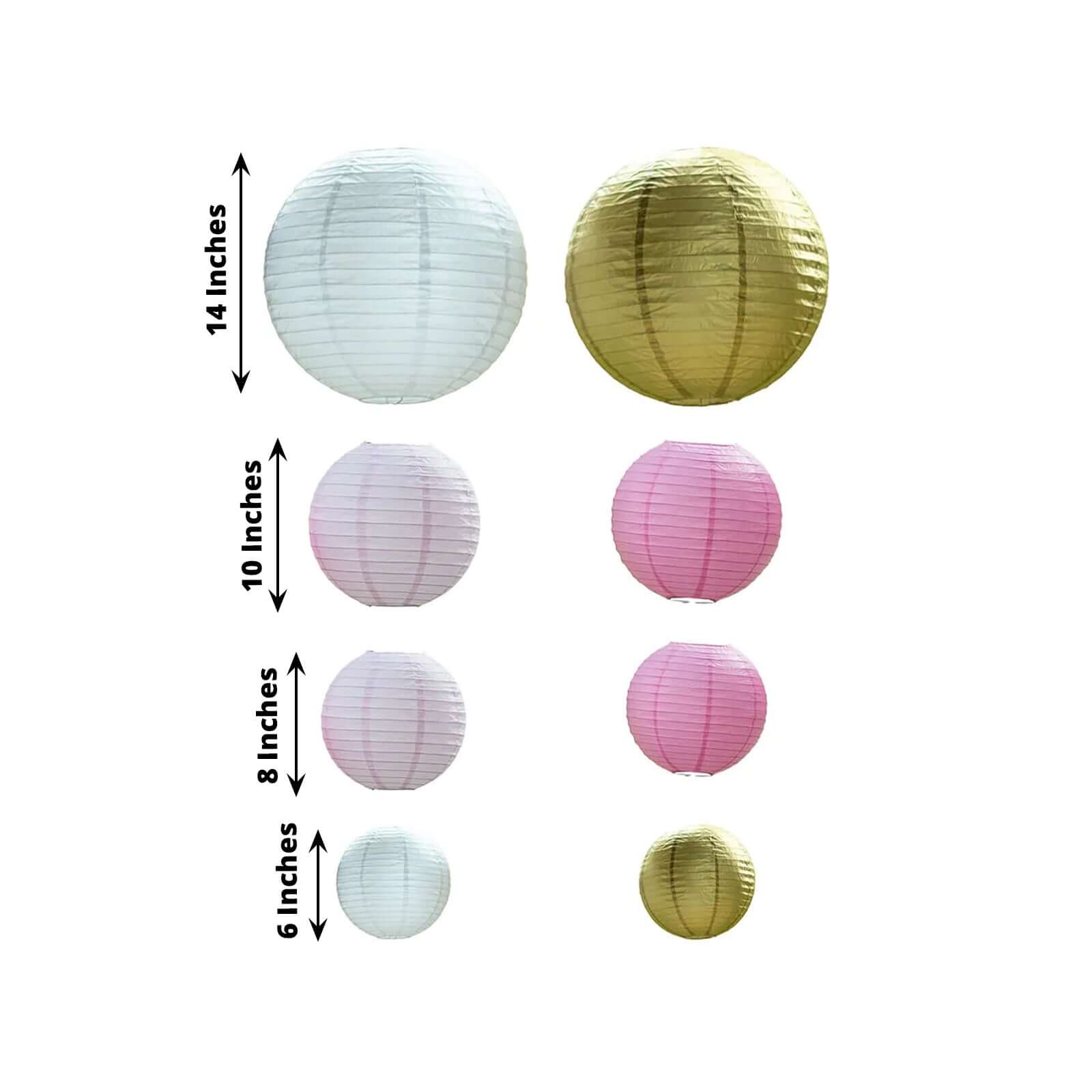 Set of 8 Mixed Blush Gold Hanging Paper Lanterns, Decorative Round Chinese Sky Lanterns, Assorted Sizes - 6",8",10",14" - Bell Racket Store