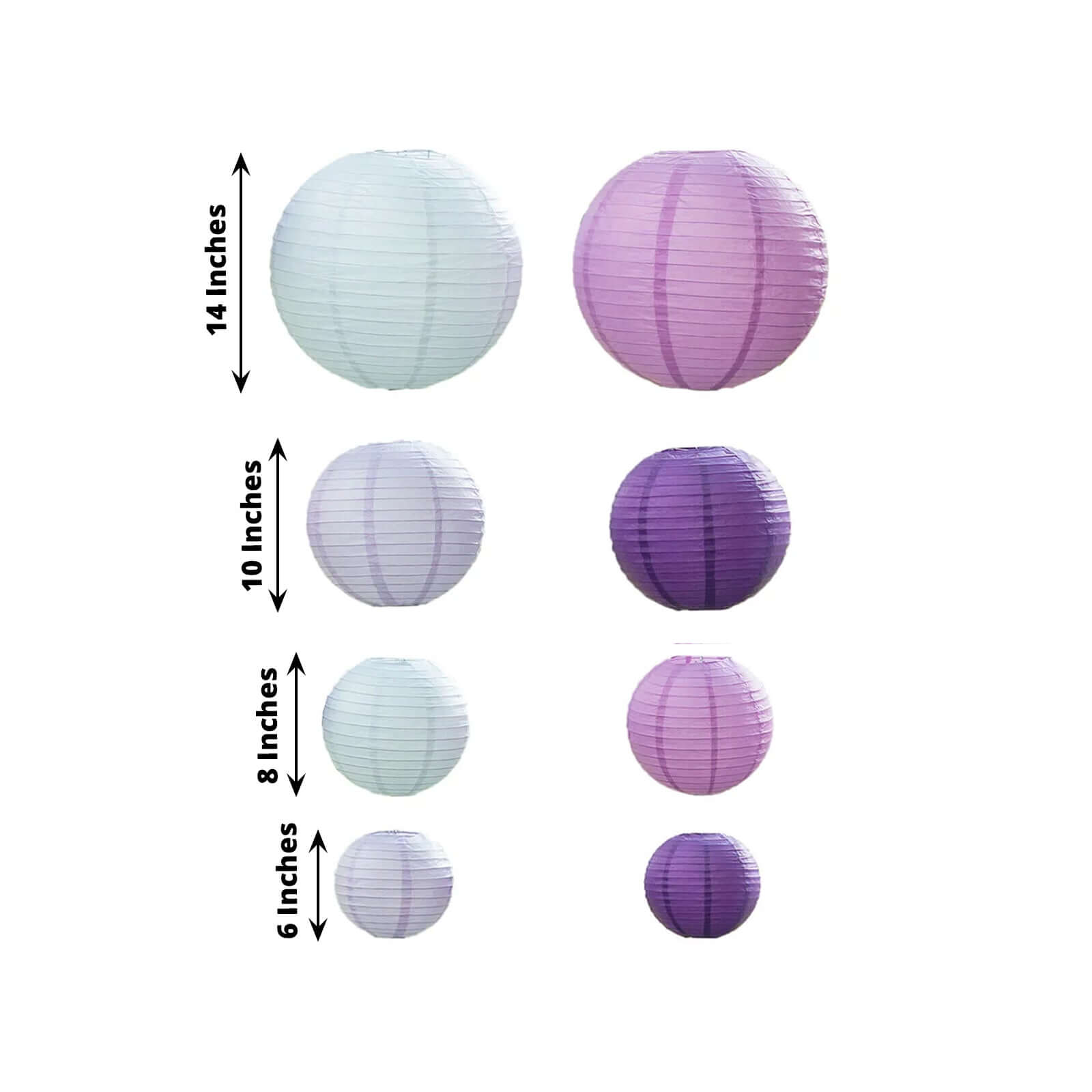 Set of 8 Mixed Purple White Hanging Paper Lanterns, Decorative Round Chinese Sky Lanterns, Assorted Sizes - 6",8",10",14" - Bell Racket Store