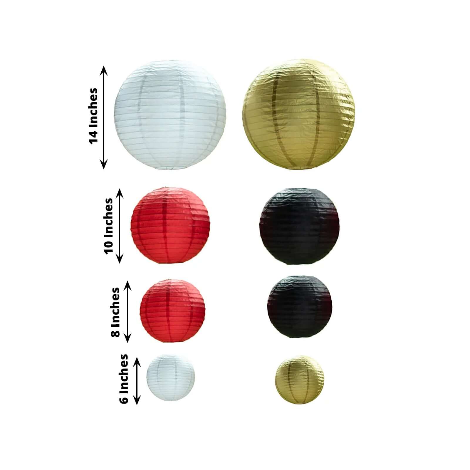 Set of 8 Mixed Red Gold Hanging Paper Lanterns, Decorative Round Chinese Sky Lanterns, Assorted Sizes - 6",8",10",14" - Bell Racket Store