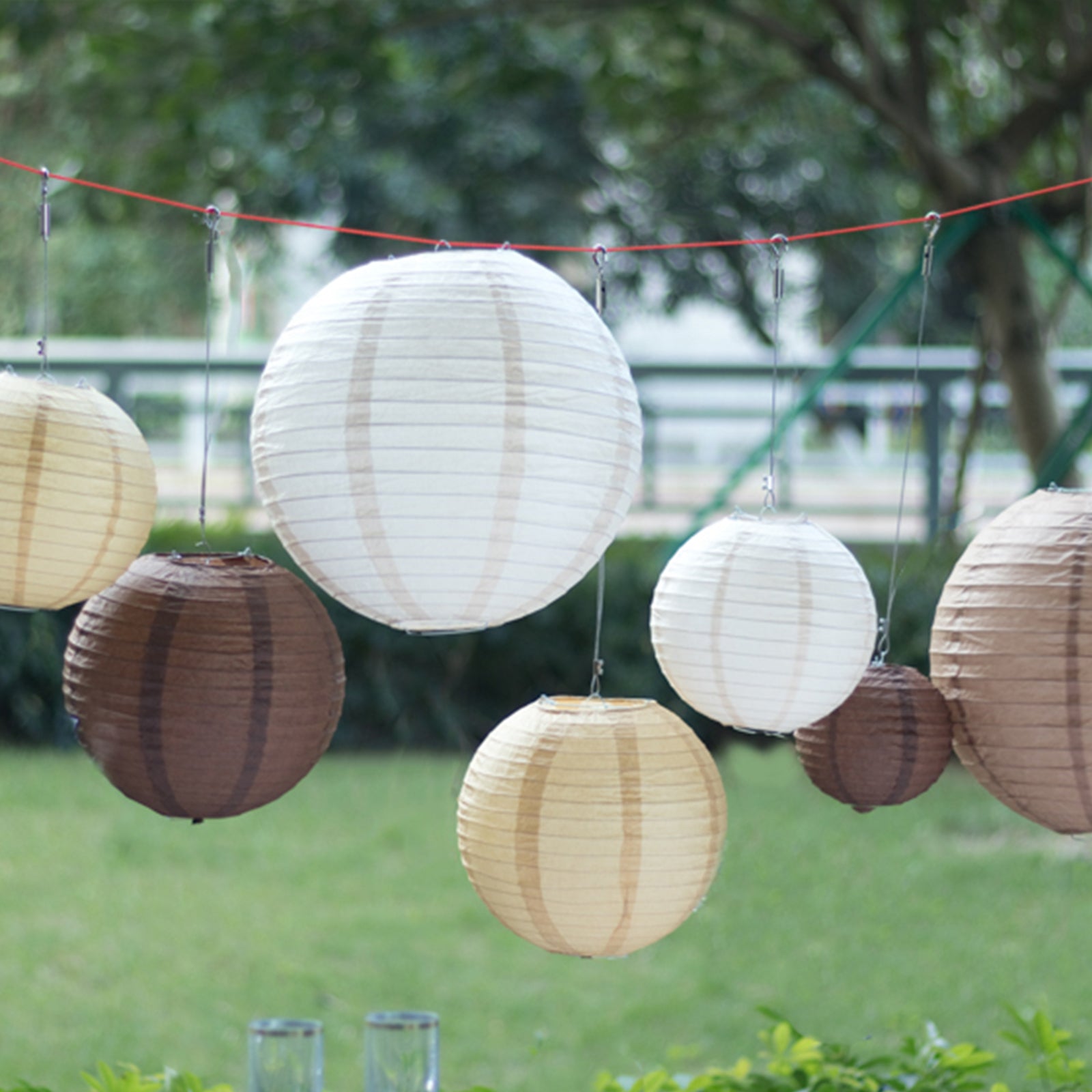Set of 8 Natural Brown Hanging Paper Lanterns Assorted Sizes, Decorative Round Chinese Sky Lanterns - 6",8",10",14" - Bell Racket Store