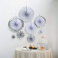 Set of 8 Silver White Hanging Paper Fan Decorations, Pinwheel Wall Backdrop Party Kit - 4", 8", 12", 16"