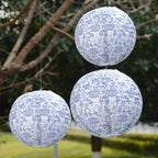 Set of 8 White Blue Hanging Chinese Lanterns in French Toile Floral Pattern, Festival Paper Lanterns - 6",8",10",14" - Bell Racket Store