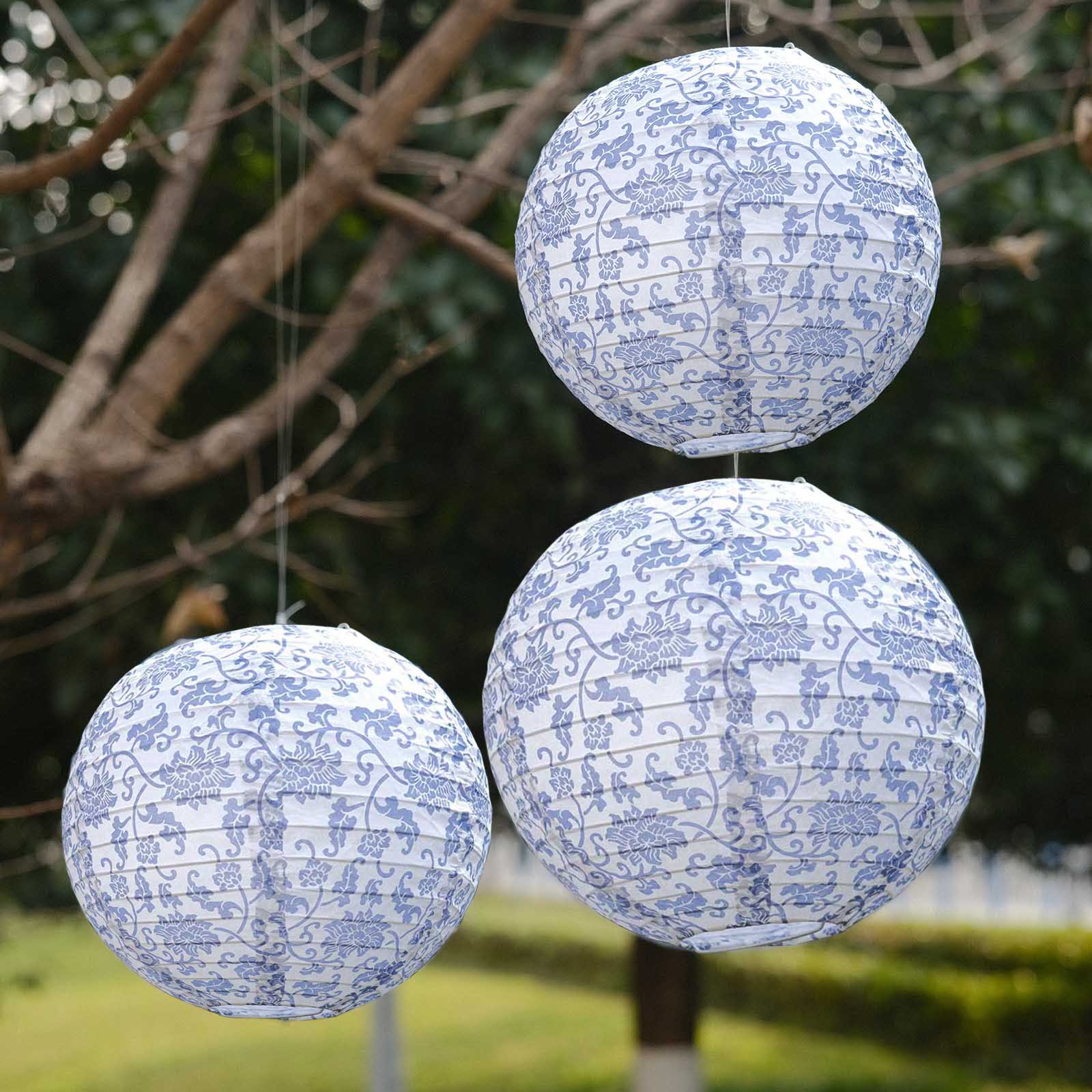 Set of 8 White Blue Hanging Chinese Lanterns in French Toile Floral Pattern, Festival Paper Lanterns - 6",8",10",14" - Bell Racket Store