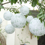 Set of 8 White Sage Green Hanging Chinese Lanterns in French Toile Floral Pattern, Festival Paper Lanterns - 6",8",10",14" - Bell Racket Store