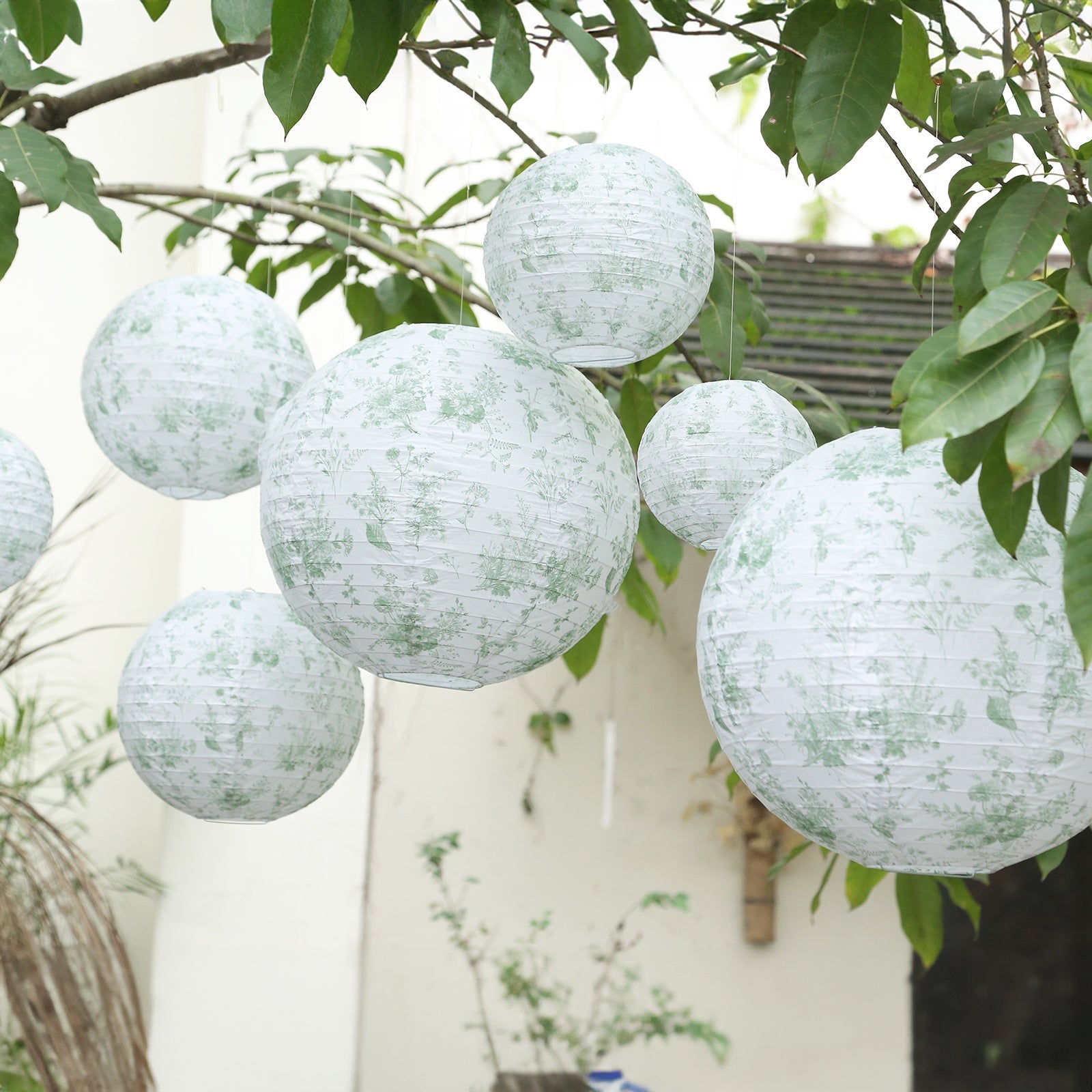 Set of 8 White Sage Green Hanging Chinese Lanterns in French Toile Floral Pattern, Festival Paper Lanterns - 6",8",10",14" - Bell Racket Store