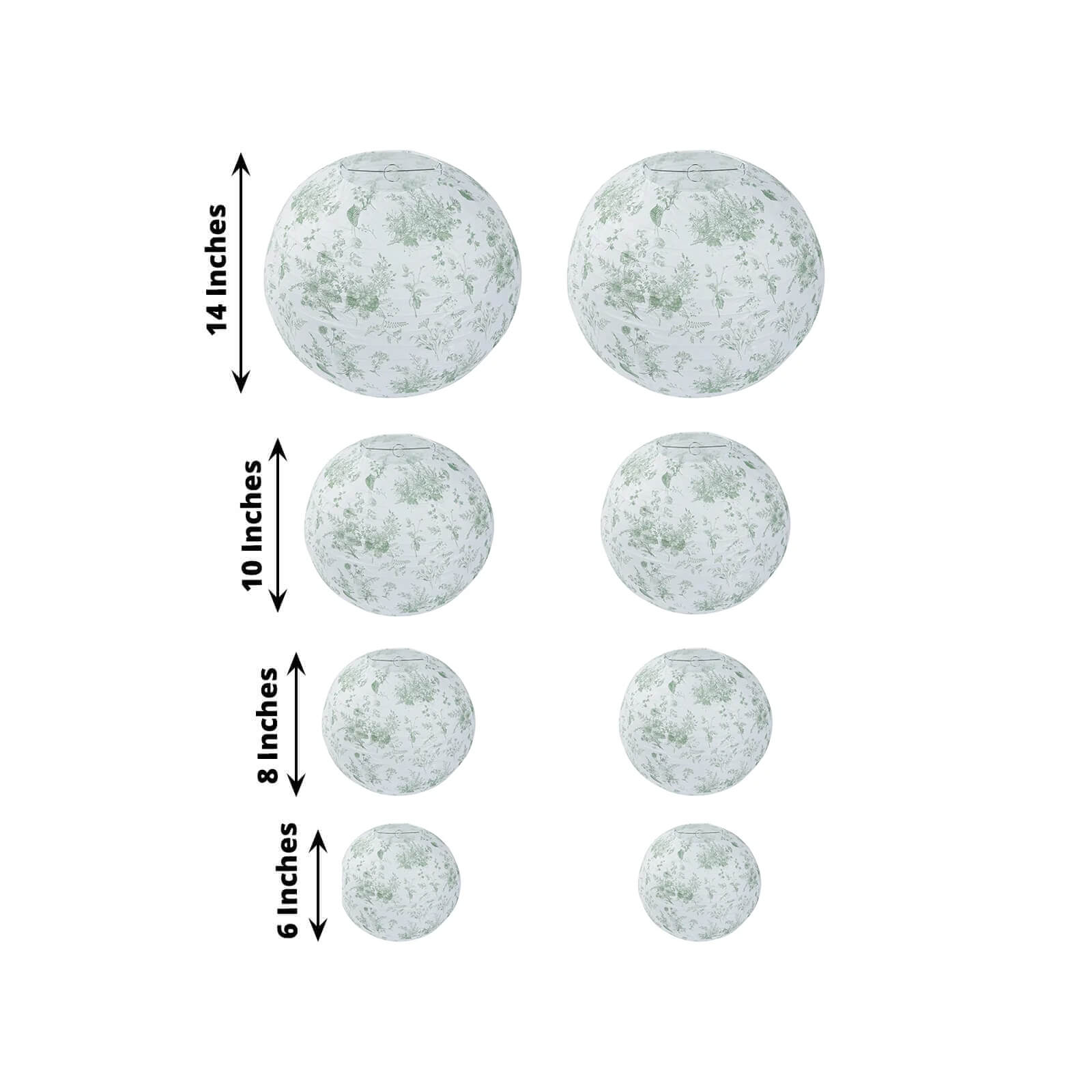 Set of 8 White Sage Green Hanging Chinese Lanterns in French Toile Floral Pattern, Festival Paper Lanterns - 6",8",10",14" - Bell Racket Store