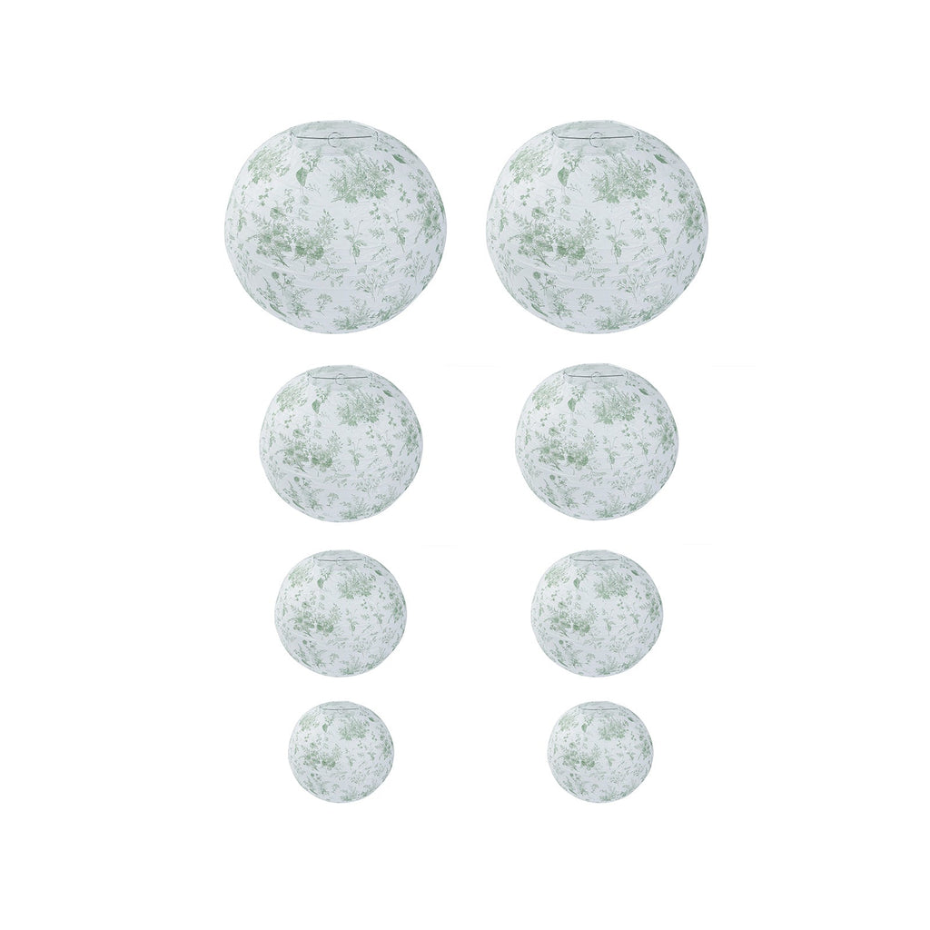 Set of 8 White Sage Green Hanging Chinese Lanterns in French Toile Floral Pattern, Festival Paper Lanterns - 6",8",10",14" - Bell Racket Store