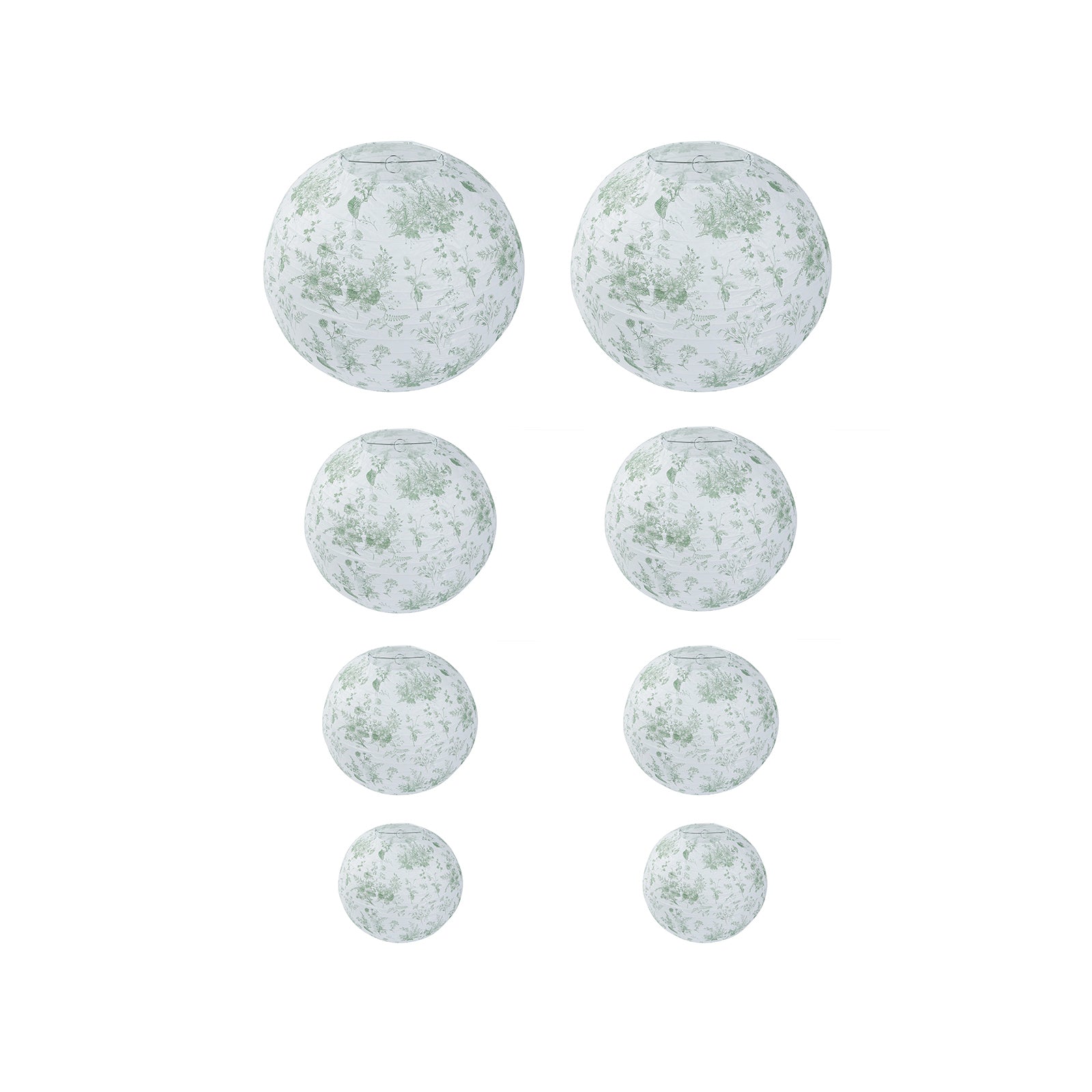 Set of 8 White Sage Green Hanging Chinese Lanterns in French Toile Floral Pattern, Festival Paper Lanterns - 6",8",10",14" - Bell Racket Store