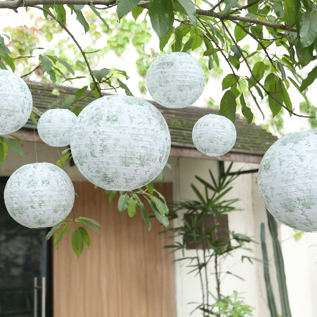 Set of 8 White Sage Green Hanging Chinese Lanterns in French Toile Floral Pattern, Festival Paper Lanterns - 6",8",10",14" - Bell Racket Store