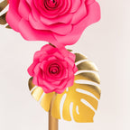 Set of 9 Fuchsia 3D Rose Paper Flowers with Gold Tropical Palm Leaves, Party Flower Backdrop Hanging Wall Decor - Bell Racket Store