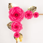 Set of 9 Fuchsia 3D Rose Paper Flowers with Gold Tropical Palm Leaves, Party Flower Backdrop Hanging Wall Decor - Bell Racket Store