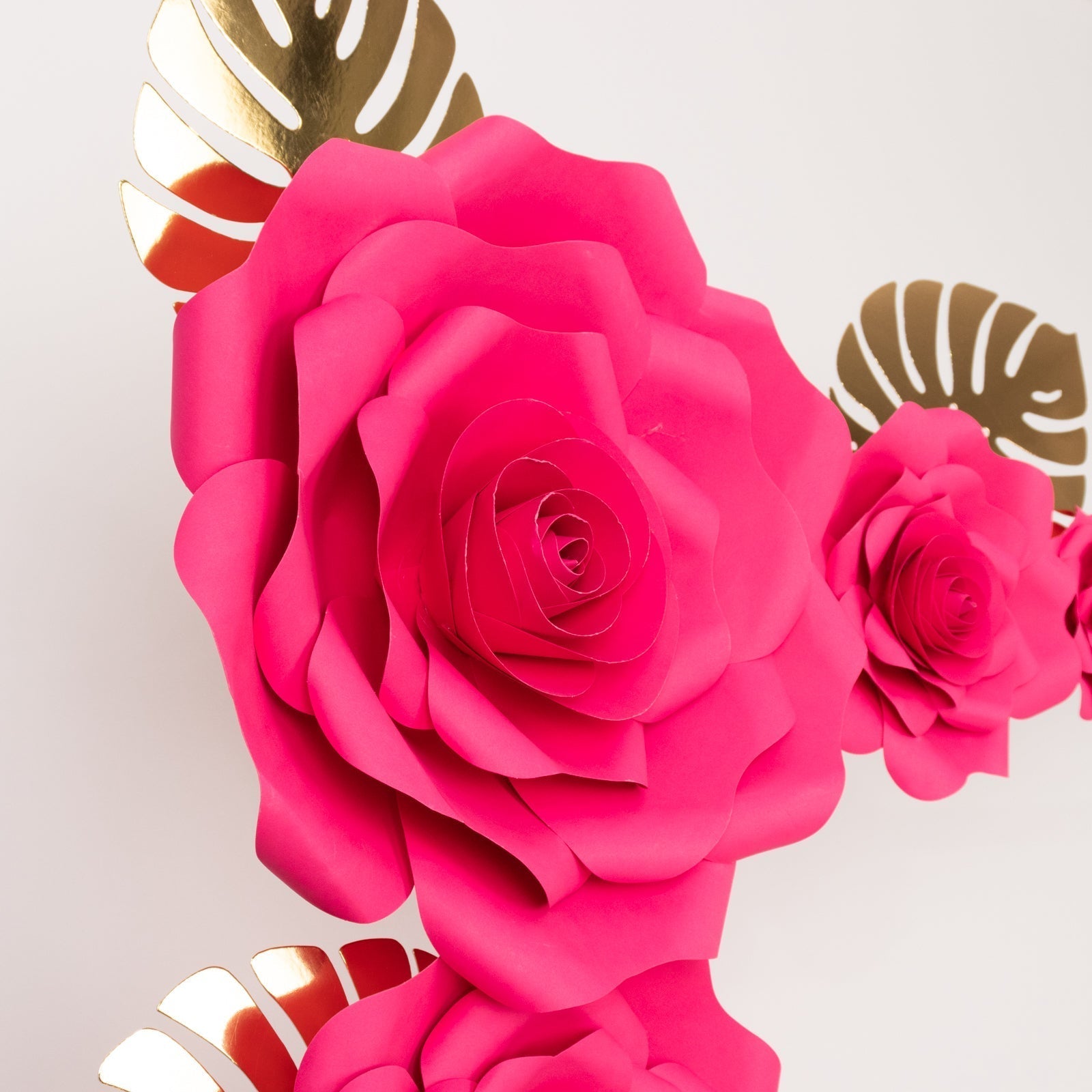 Set of 9 Fuchsia 3D Rose Paper Flowers with Gold Tropical Palm Leaves, Party Flower Backdrop Hanging Wall Decor - Bell Racket Store