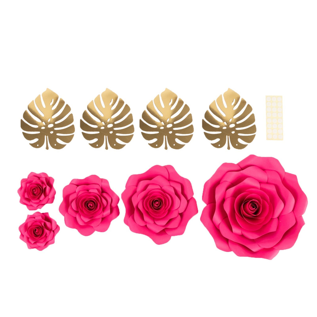 Set of 9 Fuchsia 3D Rose Paper Flowers with Gold Tropical Palm Leaves, Party Flower Backdrop Hanging Wall Decor - Bell Racket Store