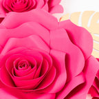 Set of 9 Fuchsia 3D Rose Paper Flowers with Gold Tropical Palm Leaves, Party Flower Backdrop Hanging Wall Decor - Bell Racket Store