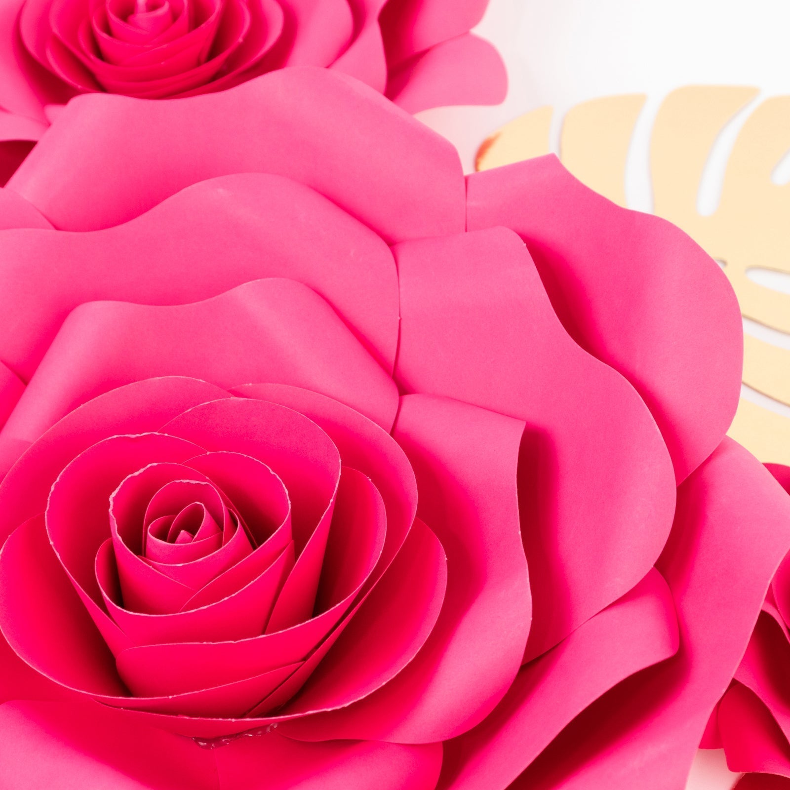 Set of 9 Fuchsia 3D Rose Paper Flowers with Gold Tropical Palm Leaves, Party Flower Backdrop Hanging Wall Decor - Bell Racket Store