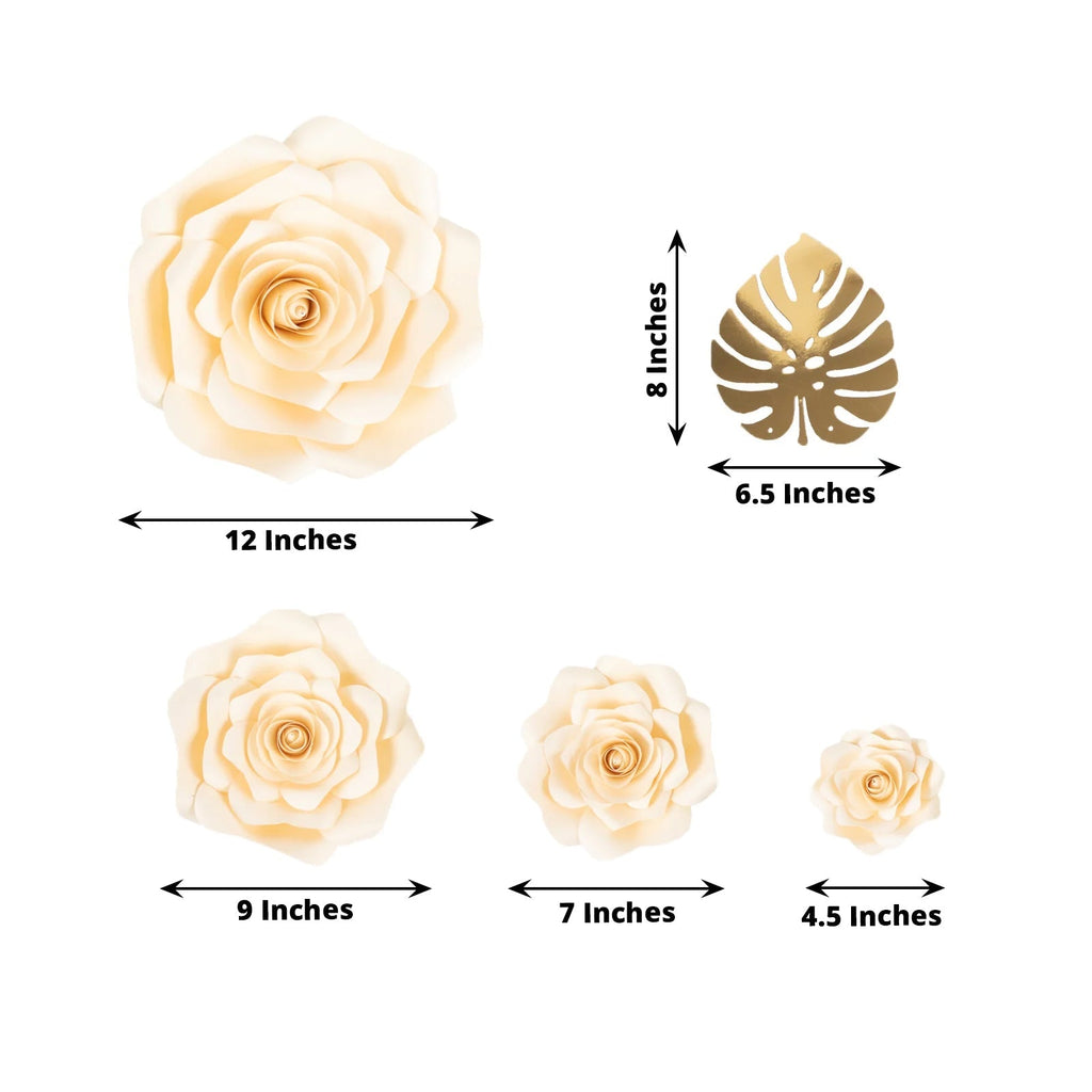Set of 9 Ivory 3D Rose Paper Flowers with Gold Tropical Palm Leaves, Party Flower Backdrop Hanging Wall Decor - Bell Racket Store