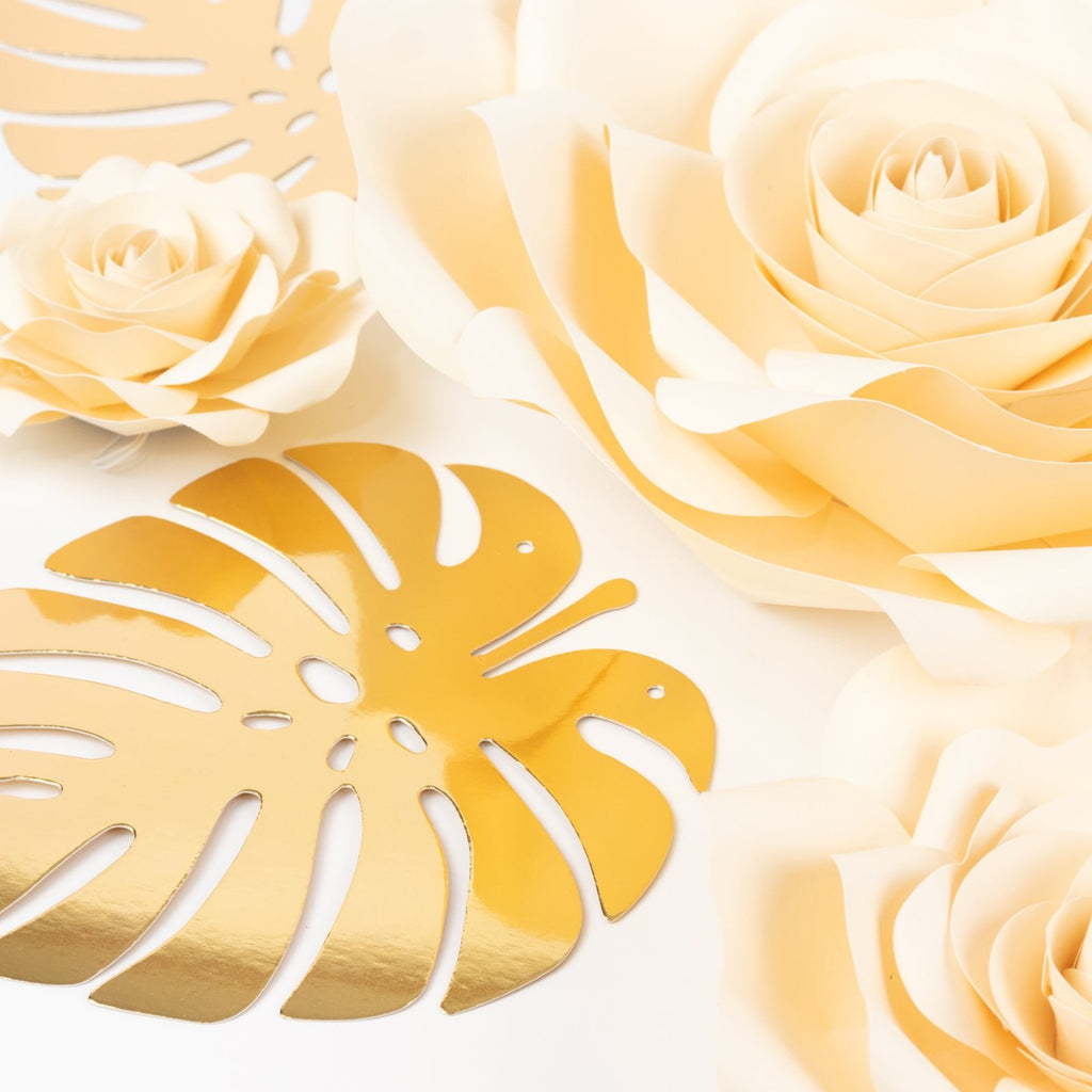 Set of 9 Ivory 3D Rose Paper Flowers with Gold Tropical Palm Leaves, Party Flower Backdrop Hanging Wall Decor - Bell Racket Store
