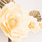 Set of 9 Ivory 3D Rose Paper Flowers with Gold Tropical Palm Leaves, Party Flower Backdrop Hanging Wall Decor - Bell Racket Store