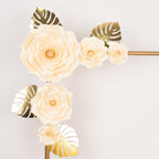 Set of 9 Ivory 3D Rose Paper Flowers with Gold Tropical Palm Leaves, Party Flower Backdrop Hanging Wall Decor - Bell Racket Store