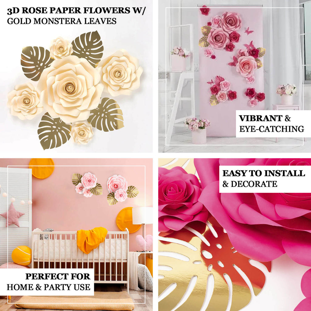 Set of 9 Ivory 3D Rose Paper Flowers with Gold Tropical Palm Leaves, Party Flower Backdrop Hanging Wall Decor - Bell Racket Store