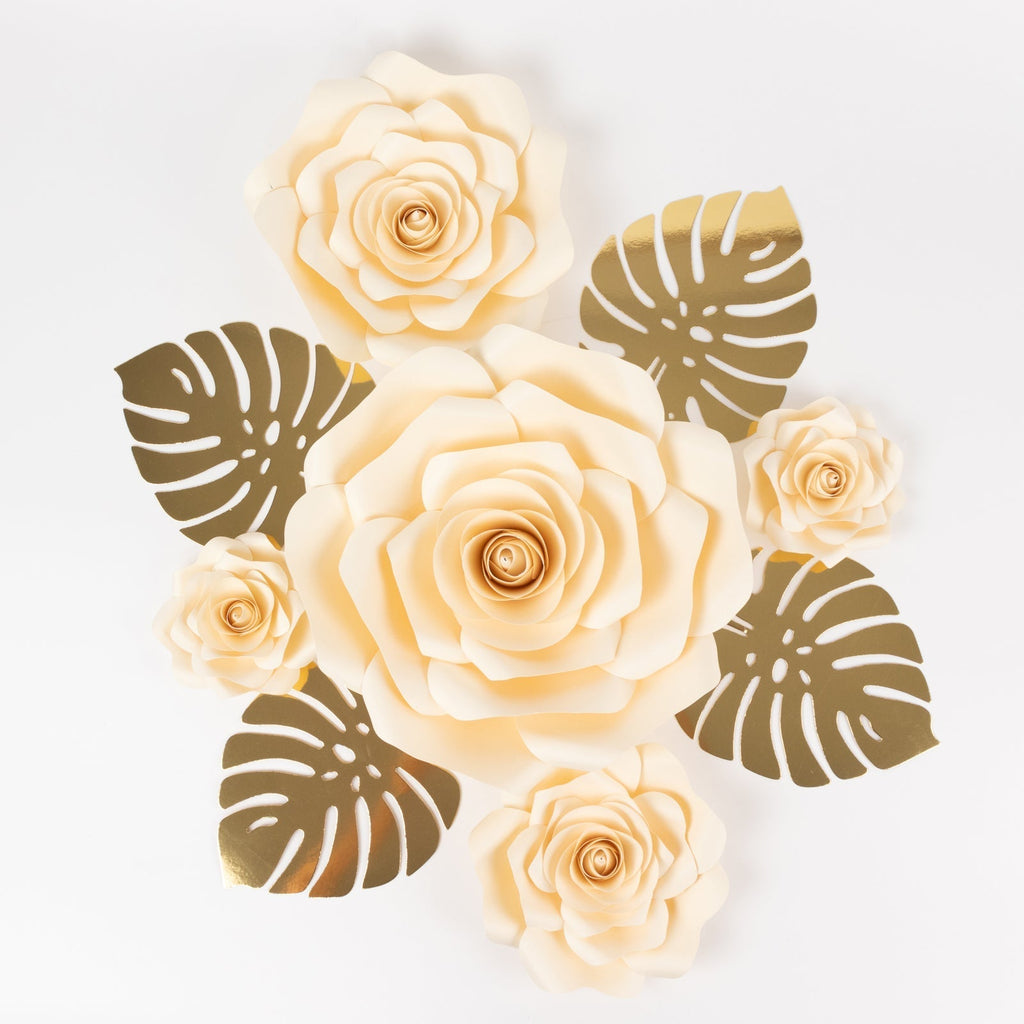 Set of 9 Ivory 3D Rose Paper Flowers with Gold Tropical Palm Leaves, Party Flower Backdrop Hanging Wall Decor - Bell Racket Store