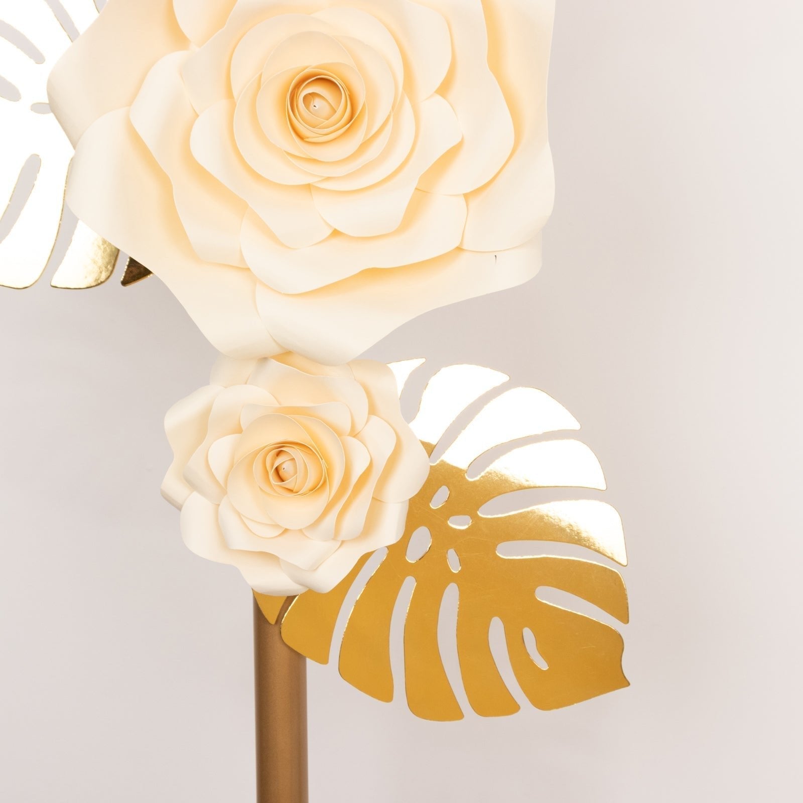 Set of 9 Ivory 3D Rose Paper Flowers with Gold Tropical Palm Leaves, Party Flower Backdrop Hanging Wall Decor - Bell Racket Store