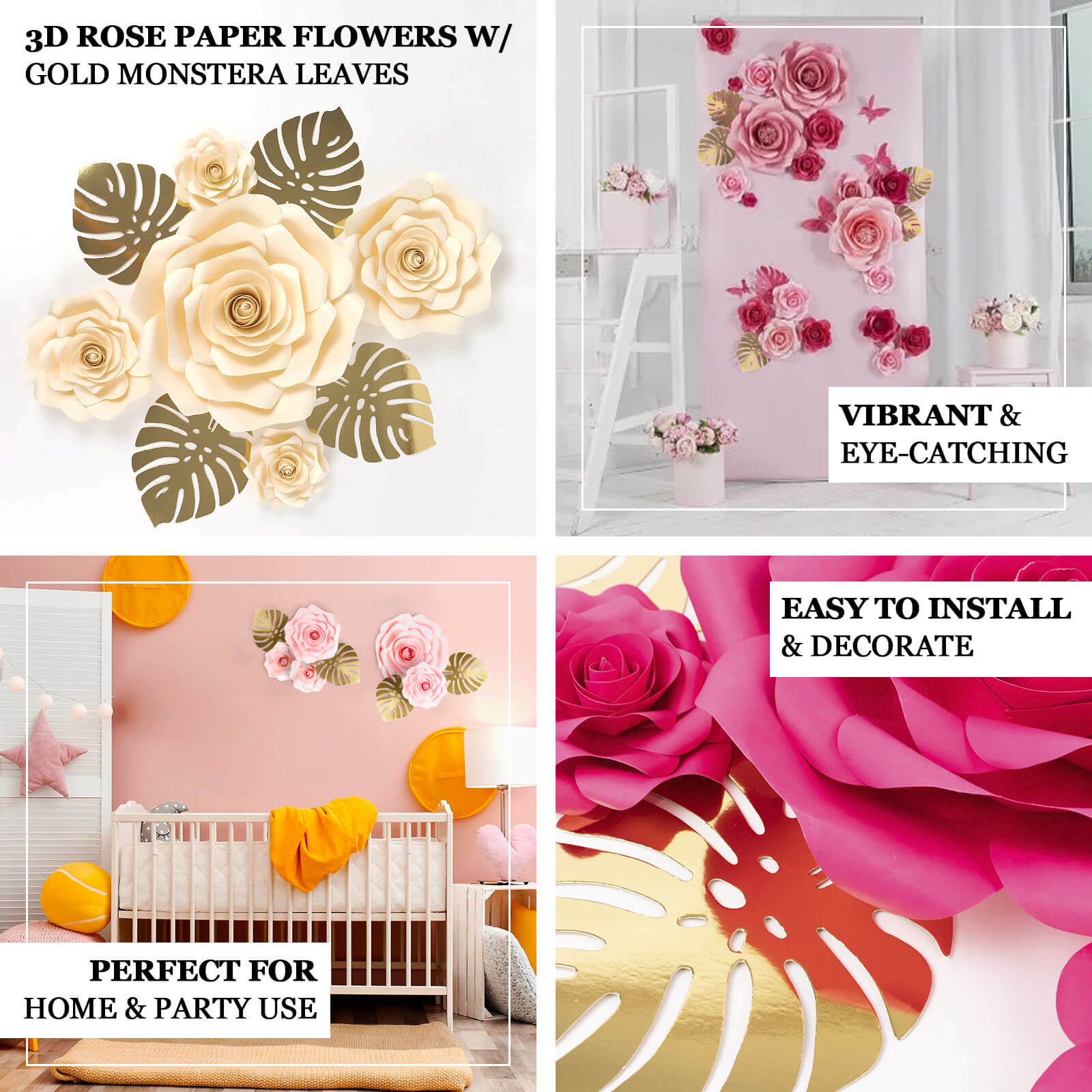 Set of 9 Pink 3D Rose Paper Flowers with Gold Tropical Palm Leaves, Party Flower Backdrop Hanging Wall Decor - Bell Racket Store