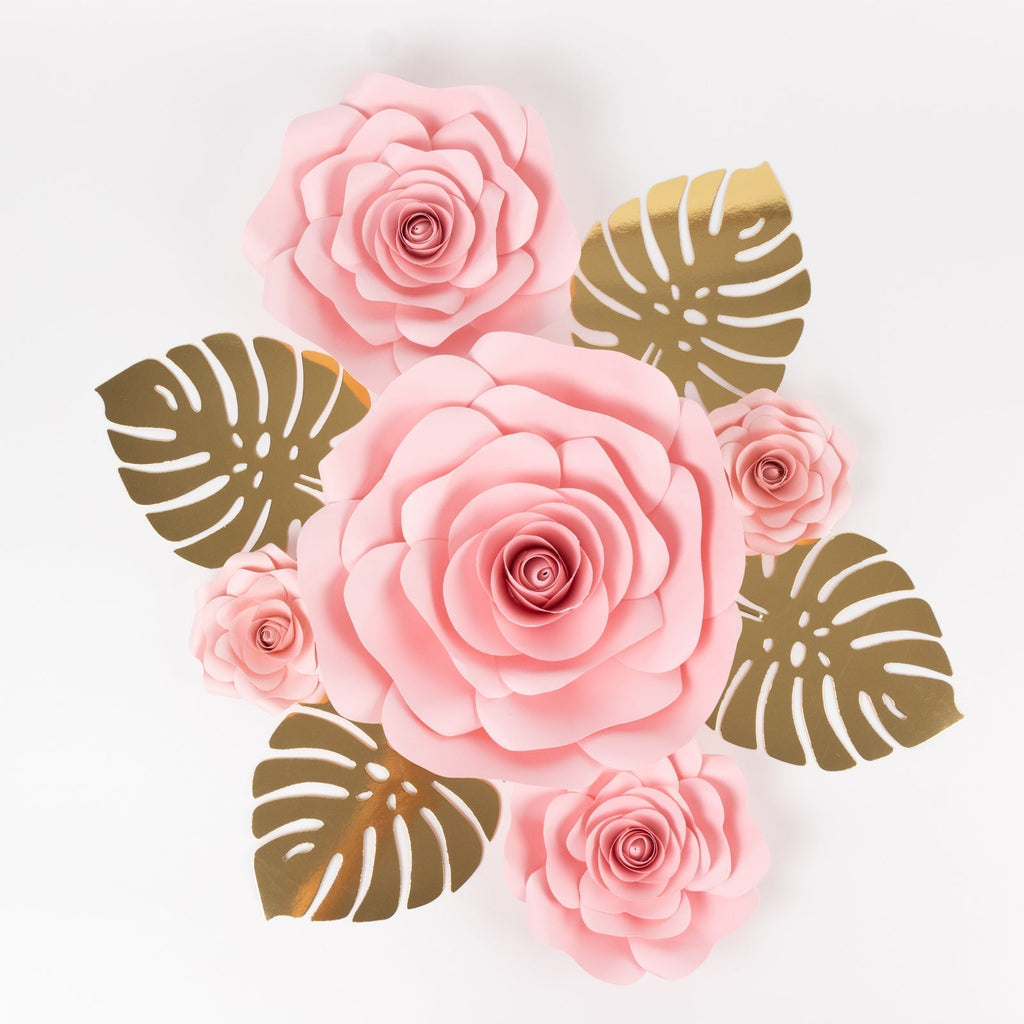 Set of 9 Pink 3D Rose Paper Flowers with Gold Tropical Palm Leaves, Party Flower Backdrop Hanging Wall Decor - Bell Racket Store