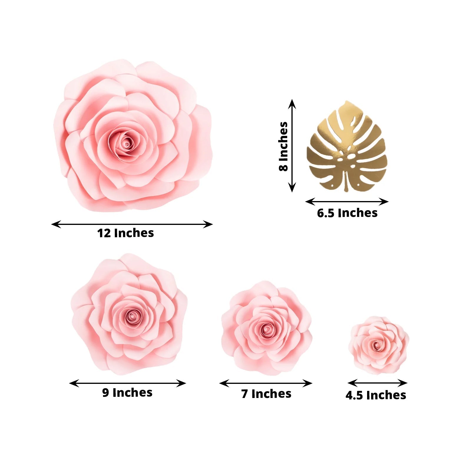 Set of 9 Pink 3D Rose Paper Flowers with Gold Tropical Palm Leaves, Party Flower Backdrop Hanging Wall Decor - Bell Racket Store