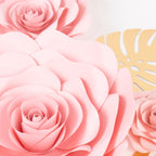 Set of 9 Pink 3D Rose Paper Flowers with Gold Tropical Palm Leaves, Party Flower Backdrop Hanging Wall Decor - Bell Racket Store