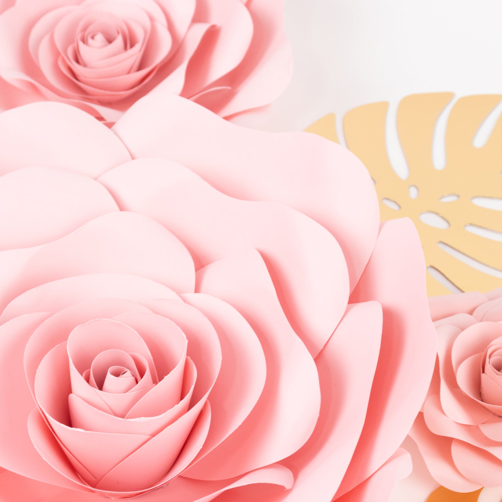 Set of 9 Pink 3D Rose Paper Flowers with Gold Tropical Palm Leaves, Party Flower Backdrop Hanging Wall Decor - Bell Racket Store