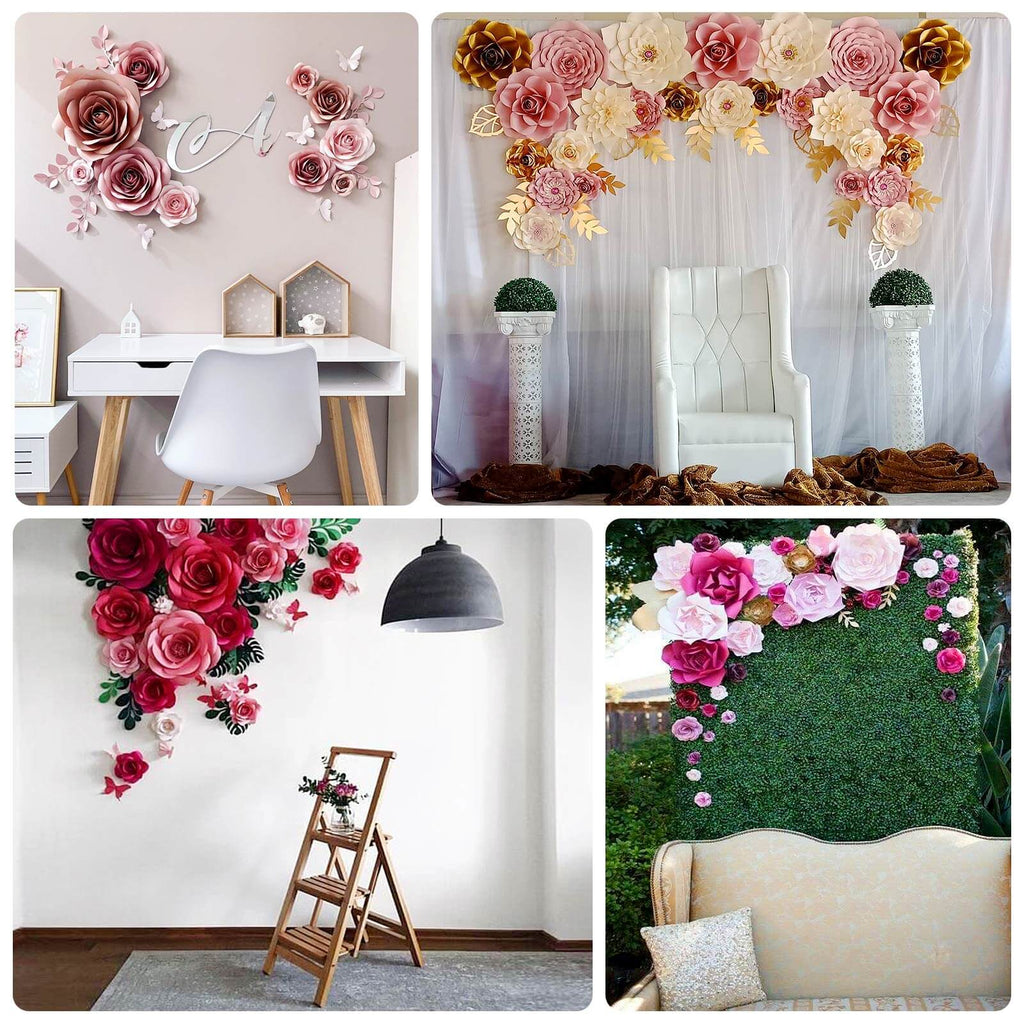 Set of 9 Pink 3D Rose Paper Flowers with Gold Tropical Palm Leaves, Party Flower Backdrop Hanging Wall Decor - Bell Racket Store