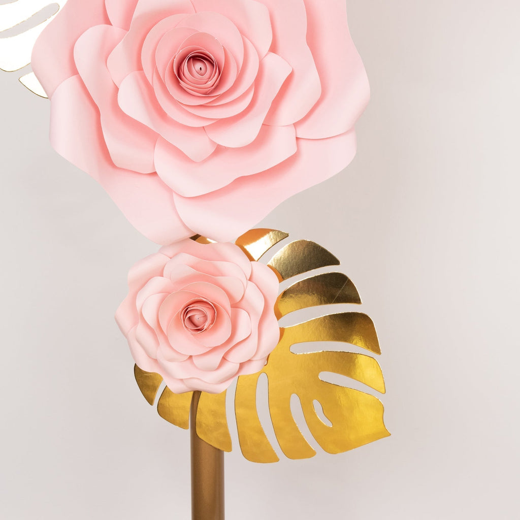 Set of 9 Pink 3D Rose Paper Flowers with Gold Tropical Palm Leaves, Party Flower Backdrop Hanging Wall Decor - Bell Racket Store