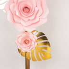 Set of 9 Pink 3D Rose Paper Flowers with Gold Tropical Palm Leaves, Party Flower Backdrop Hanging Wall Decor - Bell Racket Store