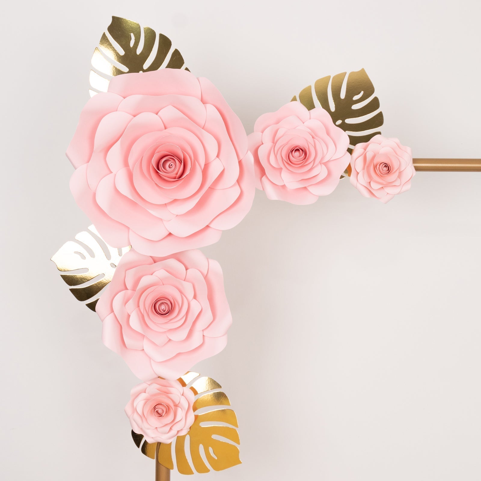 Set of 9 Pink 3D Rose Paper Flowers with Gold Tropical Palm Leaves, Party Flower Backdrop Hanging Wall Decor - Bell Racket Store