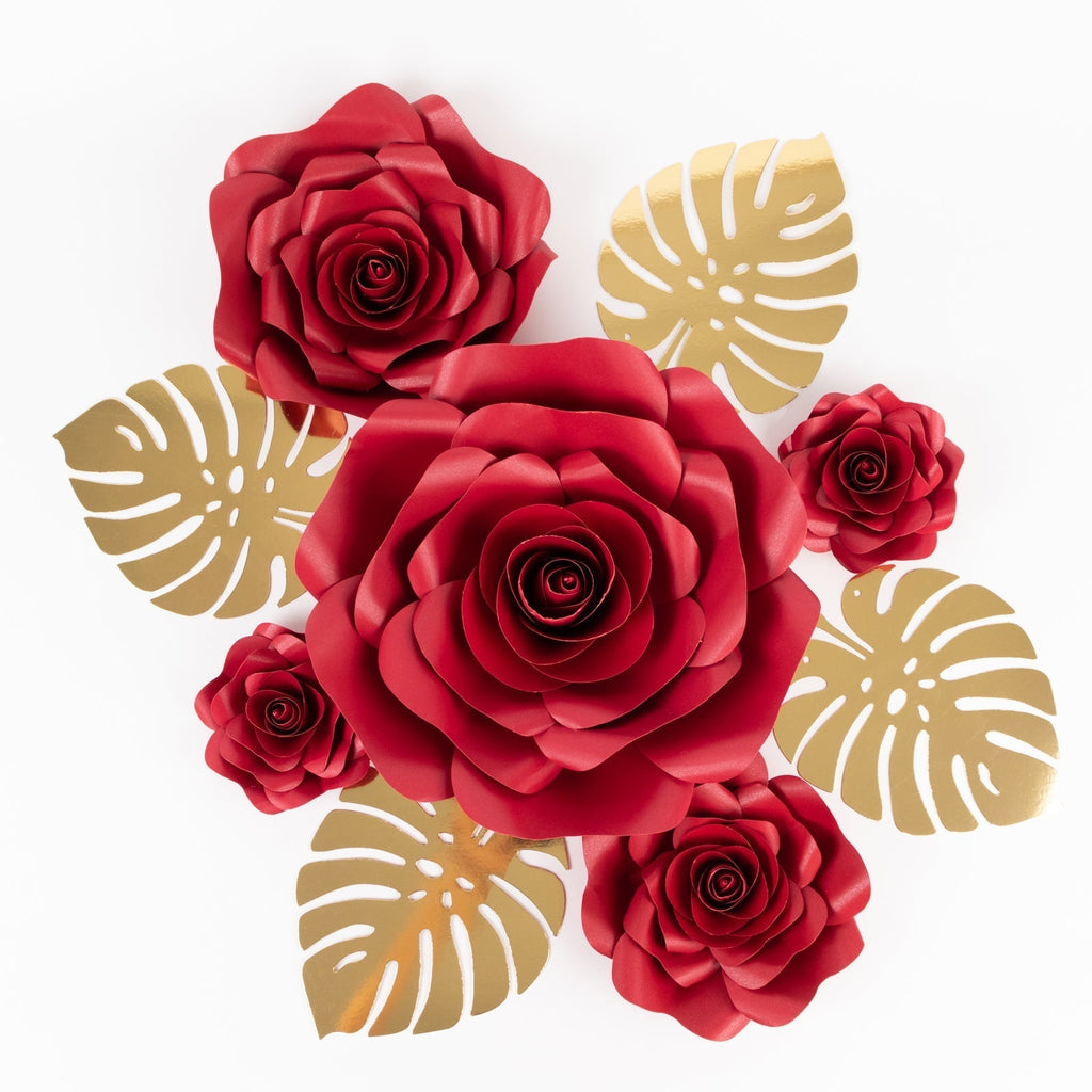Set of 9 Red 3D Rose Paper Flowers with Gold Tropical Palm Leaves, Party Flower Backdrop Hanging Wall Decor - Bell Racket Store