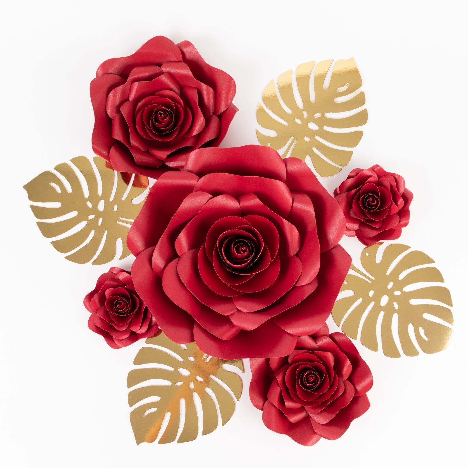 Set of 9 Red 3D Rose Paper Flowers with Gold Tropical Palm Leaves, Party Flower Backdrop Hanging Wall Decor - Bell Racket Store