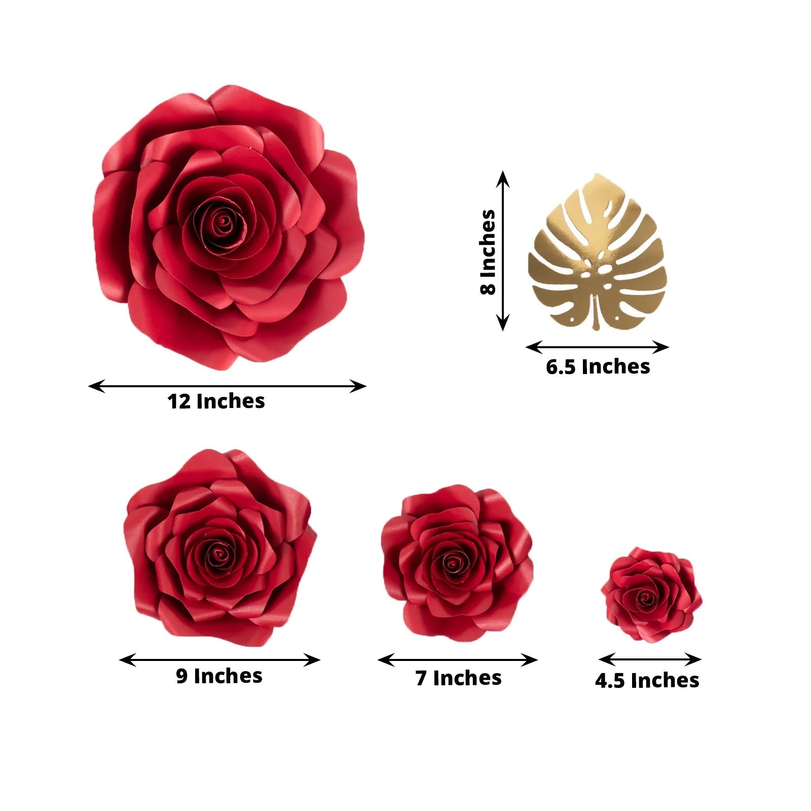 Set of 9 Red 3D Rose Paper Flowers with Gold Tropical Palm Leaves, Party Flower Backdrop Hanging Wall Decor - Bell Racket Store