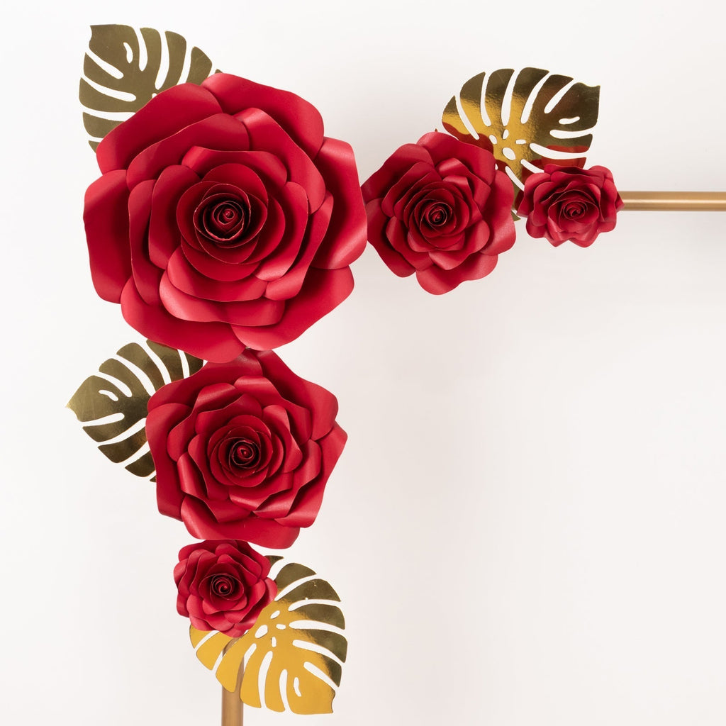 Set of 9 Red 3D Rose Paper Flowers with Gold Tropical Palm Leaves, Party Flower Backdrop Hanging Wall Decor - Bell Racket Store