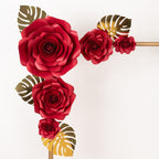 Set of 9 Red 3D Rose Paper Flowers with Gold Tropical Palm Leaves, Party Flower Backdrop Hanging Wall Decor - Bell Racket Store
