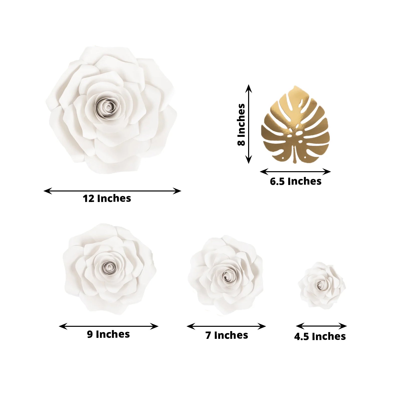 Set of 9 White 3D Rose Paper Flowers with Gold Tropical Palm Leaves, Party Flower Backdrop Hanging Wall Decor - Bell Racket Store