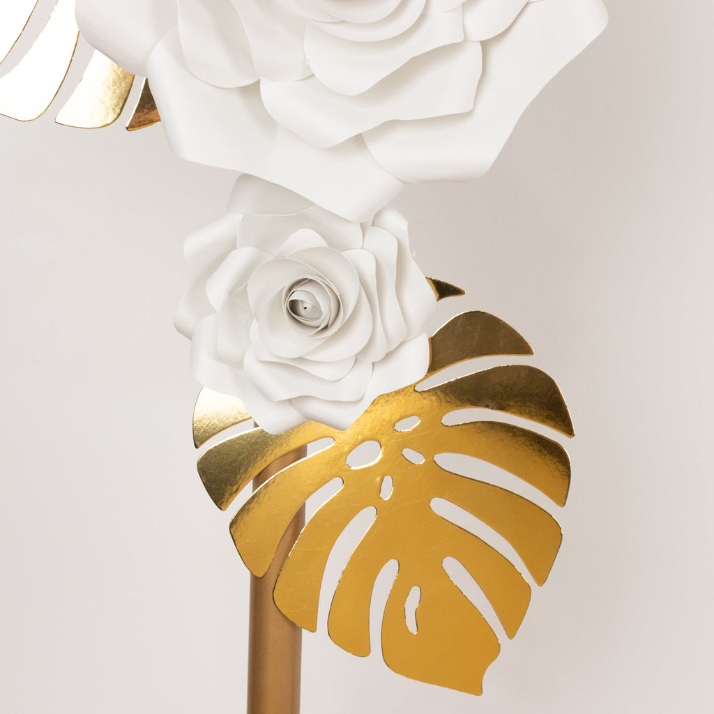 Set of 9 White 3D Rose Paper Flowers with Gold Tropical Palm Leaves, Party Flower Backdrop Hanging Wall Decor - Bell Racket Store