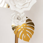 Set of 9 White 3D Rose Paper Flowers with Gold Tropical Palm Leaves, Party Flower Backdrop Hanging Wall Decor - Bell Racket Store